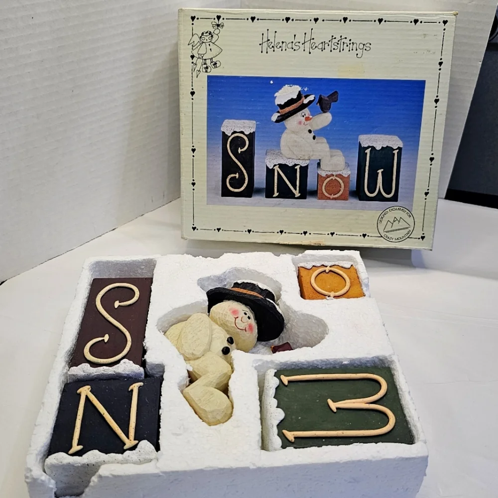 Crazy Mountain Snowman & Block Letters S N O W Figurines NOEL 1997 Vtg Gift Mom